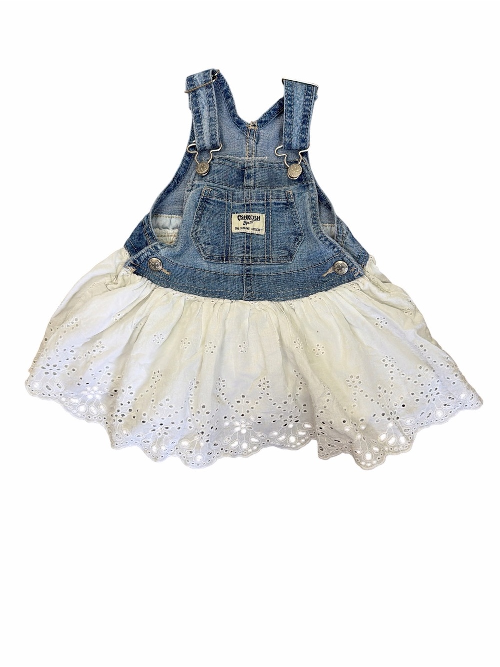 OshKosh B’gosh Baby Girl 12M Denim Eyelet Lace Overall Skirtall Dress